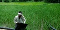 An indian village farmer operating laptop at agriculture field Royalty Free Stock Photo