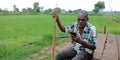 An indian village farmer operating mobile while seating around agriculture green field area