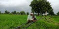 Indian village farmers installing water irrigation pipe at agriculture green field