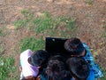 Indian village poor kids watching laptop together on group at natural field in india January 2020 Royalty Free Stock Photo