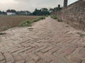 Indian village road. old red rectangle brick path or trail or sidewalk with soil