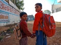 indian village school students going together on street in India January 2020 Royalty Free Stock Photo