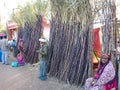 an indian village woman selling sugarcane on road during fair in India January 2020