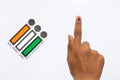 Indian Voter Hand with voting sign and ink pointing vote for India behind on election commission of India background