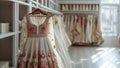 Indian wedding dress. Bridal lehenga. Bollywood wedding attire on hanger in luxury clothes shop background. Festive traditional