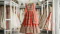 Indian wedding dress. Bridal lehenga. Bollywood red with gold wedding attire on hanger in luxury clothes shop background. Festive