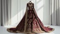 Indian wedding dress. Bridal lehenga. Bollywood red with gold wedding attire on hanger in luxury interior background. Festive