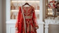 Indian wedding dress. Bridal lehenga. Bollywood red with gold wedding attire on hanger in luxury interior background. Festive