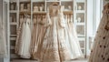 Indian wedding dress. Bridal lehenga. Bollywood white with gold wedding attire on hanger in luxury clothes shop background.