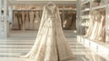 Indian wedding dress. Bridal lehenga. Bollywood white with gold wedding attire on hanger in luxury clothes shop background.