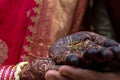 Two golden ring on couple hand. Ring ceremony Royalty Free Stock Photo