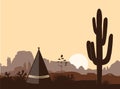 Indian wigwam silhouette with saguaro cacti, son , and mountains. American landscape with tribal tents Royalty Free Stock Photo