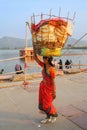 Indian woman with basket on her head walking by Man Sagar Lake