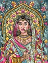 Indian woman bride in traditional sari outfit with ornamental background, colorful illustration