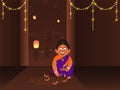 Indian Woman Character Decorating Rangoli With Lit Oil Lamps Diya, Diwali or Deepawali Festival Celebration