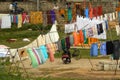 Indian woman dhobis or washer people work in the dhobi ghat using polluted water