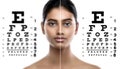 Indian woman and eye chart for sight test Royalty Free Stock Photo