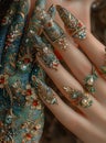 An Indian woman hand with diamonds and jewls fake nails, AI