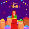 Indian Woman Holding Dry Color Plate and Full Mud Pots on Purple Background Decorated with Bunting Flags For Happy Holi