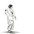 Indian woman in medical face mask, in sari, with flowers in hair, walking and carrying jug, Coronavirus pandemic people sketch.