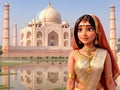 Indian woman near Taj Mahal temple in India, 3D Animation Style