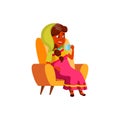 indian woman pensioner sitting in chair and enjoying hot tea cartoon vector