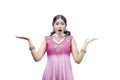 Indian woman in traditional Anarkali dress standing with shocked expression
