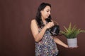 Indian woman watering fern in pot, growing foliage plant, Royalty Free Stock Photo