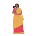 Indian Woman Wear Red Sari and Yellow Scarf Holding Baby on Hands, Mother Female Character in Traditional Clothes