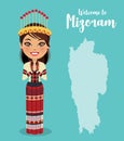 Indian woman wearing a traditional dress from the north east state of Mizoram in namaste pose in front of a map of Mizoram - Vecto