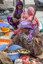 Indian woman working at fish street market in Srinagar, Jammu and Kashmir state, India Royalty Free Stock Photo