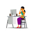 indian woman writing on computer and talking with friend on mobile phone cartoon vector Royalty Free Stock Photo