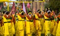 The Indian women celebrating Holi [ festival of colors] with music and dance.