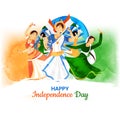 Indian women in different dancing pose with Ashoka Wheel on Indian flag color background for Happy Independence Day celebration