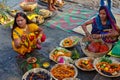 Indian women pray and devote for Chhath Puja festival on Ganges river side in Varanasi,India