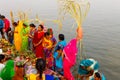 Indian women pray and devote for Chhath Puja festival on Ganges river side in Varanasi,India