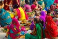 Indian women pray and devote for Chhath Puja festival on Ganges river side in Varanasi,India