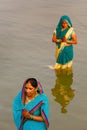 Indian women pray and devote for Chhath Puja festival on Ganges river side in Varanasi,India