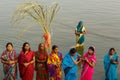 Indian women pray and devote for Chhath Puja festival on Ganges river side in Varanasi,India