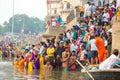 Indian women pray and devote for Chhath Puja festival on Ganges river side in Varanasi,India