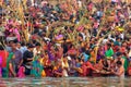 Indian women pray and devote for Chhath Puja festival on Ganges river side in Varanasi,India