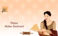 Indian women with thali of laddoo sweet on simple hand drawn pattern design background with Charkhi and Patang. Vector Royalty Free Stock Photo
