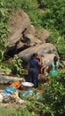 Indian women washing on river