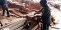 Indian woodworker scaling wood logs at factory for making furniture