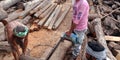 Indian woodworkers cutting wood logs by electric saw machine at godown