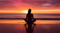 Serenity At Dusk: Woman Meditating In Yoga Pose On Beach