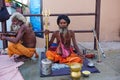 Varanasi, INDIA - MAY 29, 2017: Indian yogis in traditional attire on a street in Varanasi