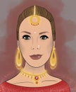 Indian young beautiful girl wearing a traditional Indian red sari and beautiful jewelry on her head and neck, nose piercing on a Royalty Free Stock Photo