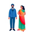 Indian young couple, isolated on white background. Indian woman in sari and man in suit and turban. Vector illustration