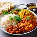 Indian yummy food closeup view with variety of appetizers and entrees